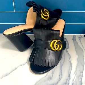 Gucci Mormont GG Logo Black Kiltie Fringe Slide Mules Sandal size 36